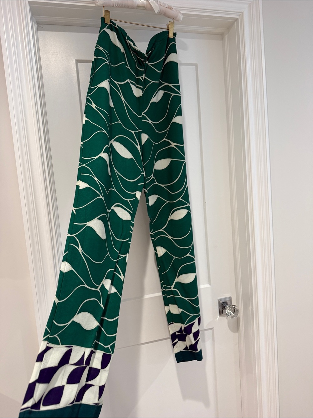Mango Green long pants with White Leaf Wave and Purple Contrast Cuffs